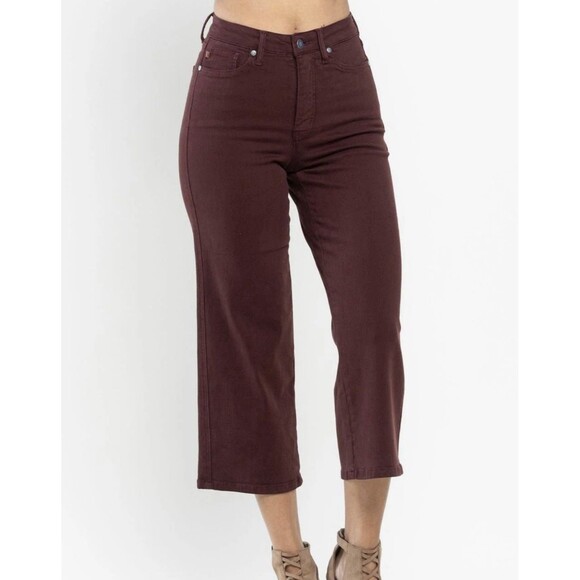 Judy Blue Jeans Womens 13/31 Oxblood High Waist Tummy Control Wide Crop Stretch - Picture 9 of 9